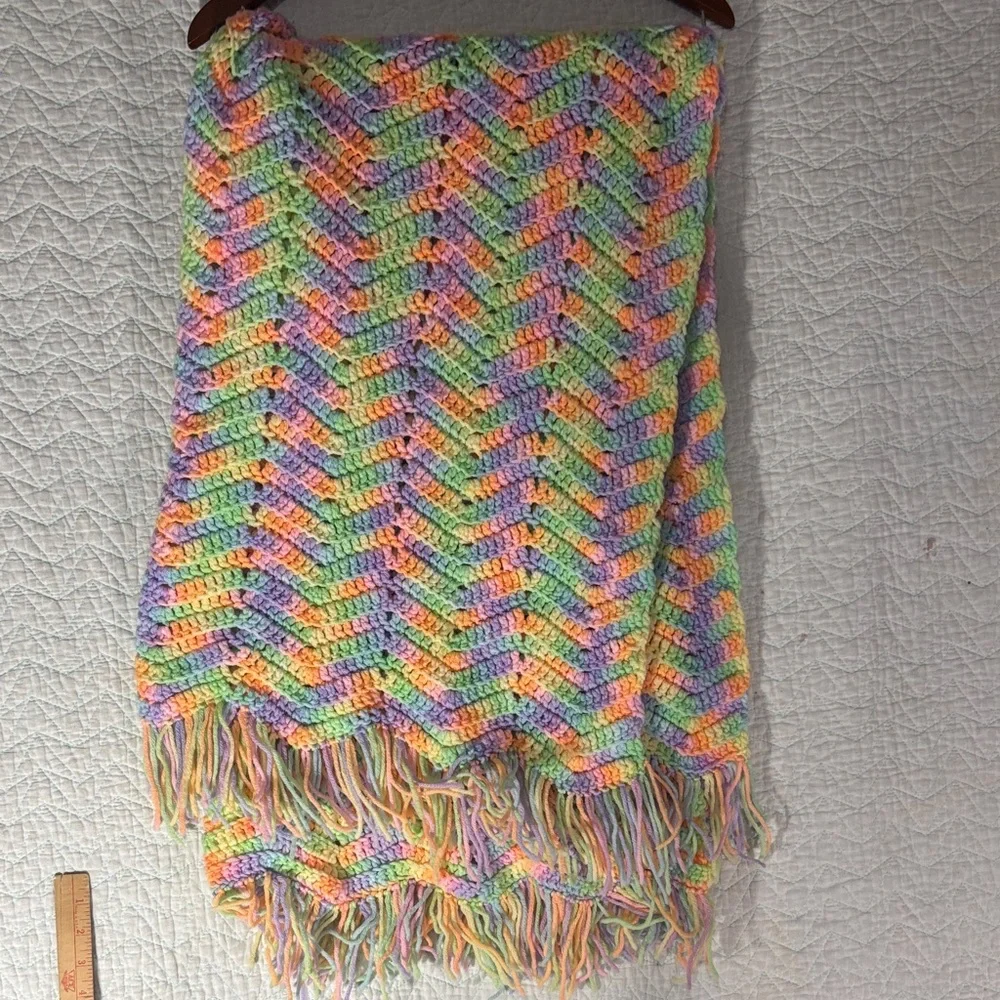 Colorful Crochet Blanket with Fringe